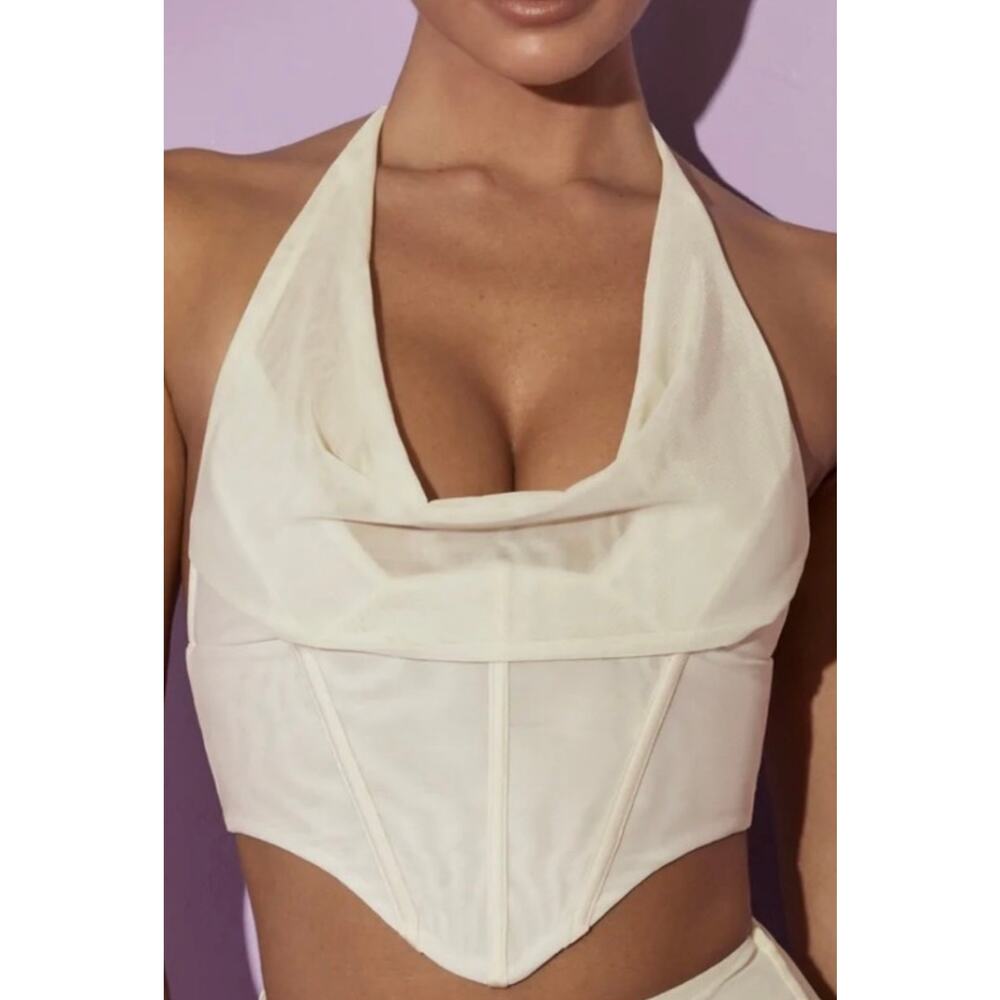 Oh Polly Corset Tank Womens 4 White Mesh Halter Cropped Rhinestone Trim Sheer